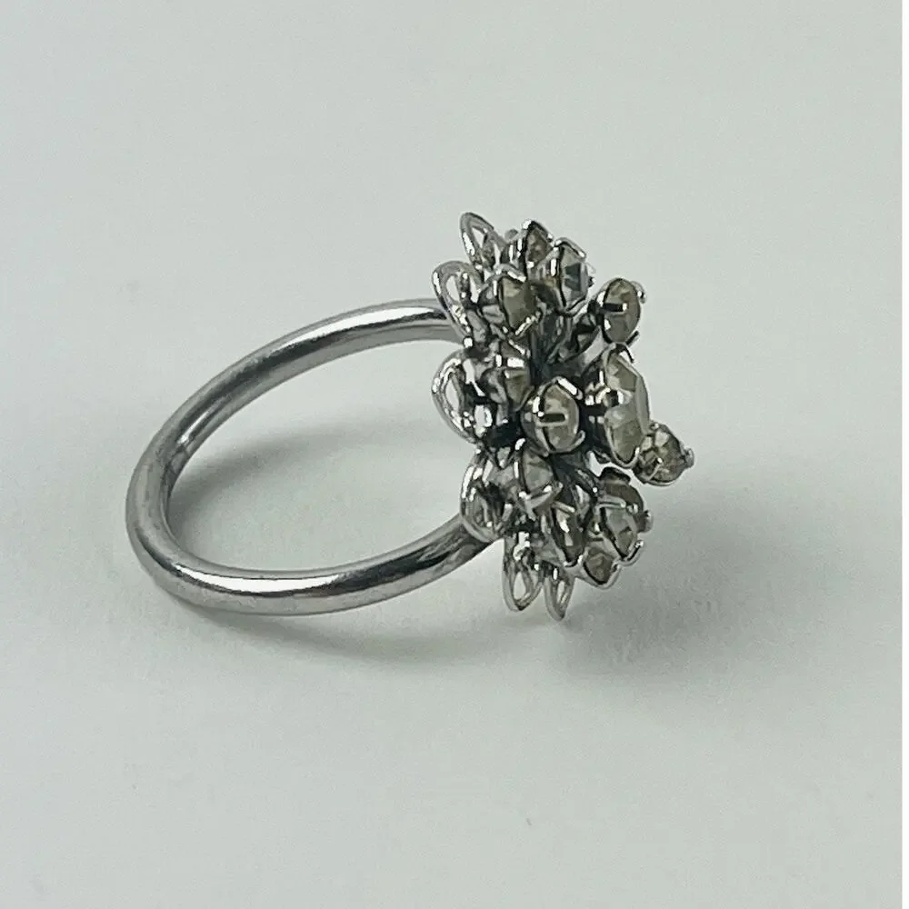 SARAH COVENTRY Rhinestone Flower Ring Silver Tone Vintage Signed Tiered Layered